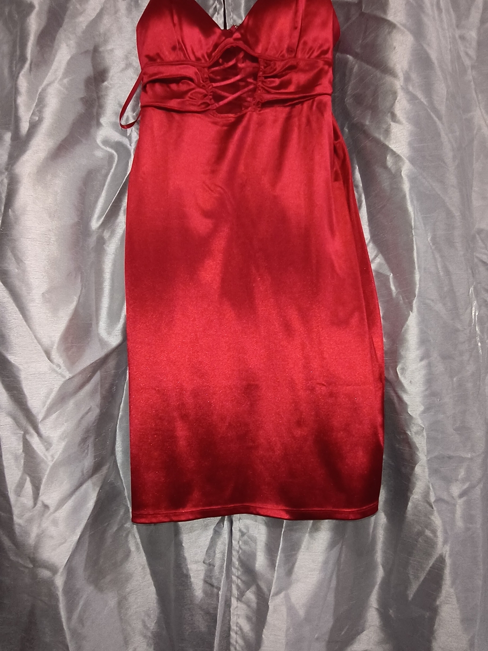 Satin Red Lace-Up Midi Skirt